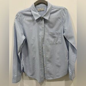 AF women button up shirt cotton blue white strip size L long sleeve button cuff